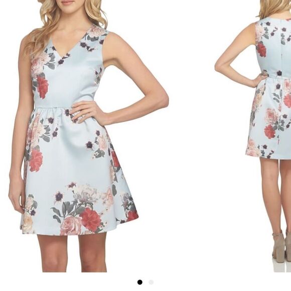 CeCe Dresses & Skirts - CeCe Light Blue Floral V-Neck Sleeveless Mini Dress